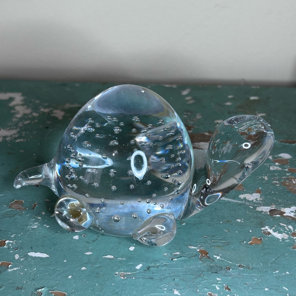 Vintage Turtle Bubble Glass Paperweight 2.5" x 3.4" Clear Blown Glass Art